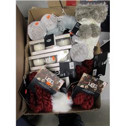 BOX OF UGG CANDLES, UGG CLASSIC CABLE KNIT XMAS TREE GARLANDS, UGG WREN FUR ORNAMENTS, UGG POLAR