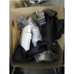 2 BOXES OF ASSORTED LINEN, GAMES, HOUSEHOLD ITEMS, LABEL MAKER, MICROPHONE, POWER SUPPLY, ETC