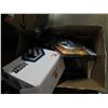 Image 2 : 2 BOXES OF ASSORTED LINEN, GAMES, HOUSEHOLD ITEMS, LABEL MAKER, MICROPHONE, POWER SUPPLY, ETC