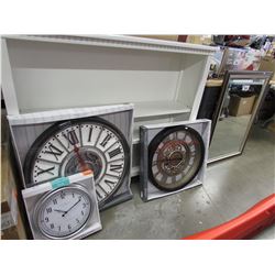 3 ASSORTED WALL CLOCKS & FRAMED MIRROR