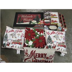 BOX OF ASSORTED CHRISTMAS CARDS, THROW PILLOWS, LED LIGHTS, CANDLES, SOAP, DOOR HANGERS, DOORMAT