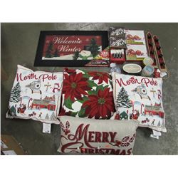 BOX OF ASSORTED CHRISTMAS CARDS, THROW PILLOWS, LED LIGHTS, CANDLES, SOAP, DOOR HANGERS, DOORMAT ETC