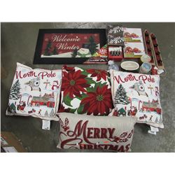 BOX OF ASSORTED CHRISTMAS CARDS, THROW PILLOWS, LED LIGHTS, CANDLES, SOAP, DOOR HANGERS,