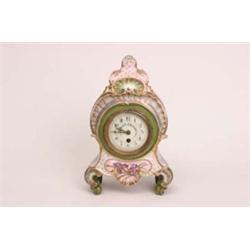 Clock: French porcelain hand painted mantle clock, single key dial on enamel face (pendulum missing)