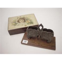 Victorian box with portrait scene, containing cigars, plus metal mounted match/cigarette holder, mat