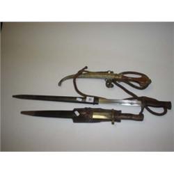 Two WW1 bayonets plus Arab curved dagger all with sheaths
