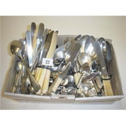 Box of flatware, knives, forks, dessert spoons etc.