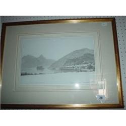 Framed and glazed colour wash of lake scene, Lake District