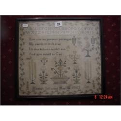 Sampler: alphabet needlework May 4th 1863 with poem 14x15"
