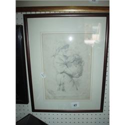Framed 19th century drawing of lady carrying basket, signed J.D.W 1884 15x12"