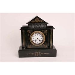 Victorian black marble mantle clock with columns either side of the enamel dial, 14x12"