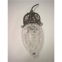 1910 cut glass pineapple pendant lamp with pierced brass canopy, 11" long