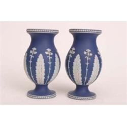 Pair of blue Wedgwood style Jasper ware vases, 7" high