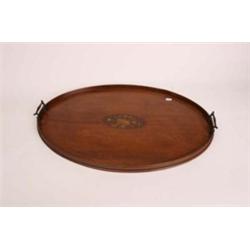 Edwardian inlaid mahogany oval decanter tray with marquetry motif in centre 26x17"