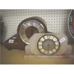 Walnut cased 8 day clock with brass movements and chime pendulum, no key plus onyx mantle clock