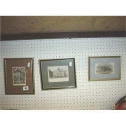 Three small glazed and framed engravings of 18th century buildings