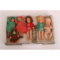 Box of seven 1950s little dolls to include three 'Rosebud'