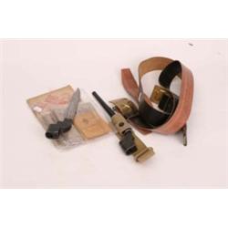 Quantity of WW2 ration books plus a bayonet, sight, and two Russian military belts and buckles