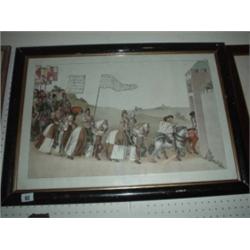 19th century framed hand coloured print of soldiers returning home in period dress, 20x28"