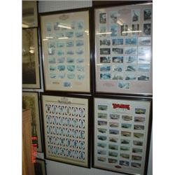 Four framed and glazed sets of Castella Panatella cigarette cards, locomotives, military tanks, vint