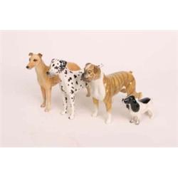 Four Beswick dogs, Cocker Spaniel 1754, black and white gloss (perfect) Boxer 1202 Blue Mountain Gre
