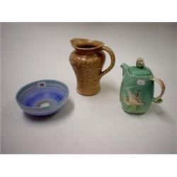Decorative Shorter ware coffee pot 8 " high, Pilkington jug 8" high plus blue Shelley bowl 7.50" dia