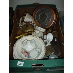 Box of mixed china and brass items, copper kettle, tea pot etc.