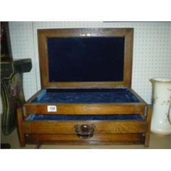 Large oak case velvet lined jewellery box, with lid and two drawers 19x13x8"