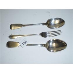 Two London silver fiddle pattern tablespoons, 1839 & 1841 and a Sheffield silver fork