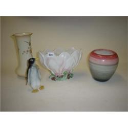 Sylvac Penguin 6" high plus Sylvac posy No 2954, Wedgwood vase and Crown Ducal hand painted vase