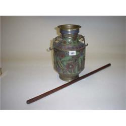 Brass and enamel vase with elephant head handles and leather swag stick