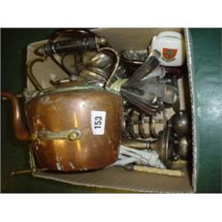 Box of miscellaneous plated items, candlesticks and flatware plus copper and brass spirit kettle