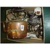 Image 1 : Box of miscellaneous plated items, candlesticks and flatware plus copper and brass spirit kettle