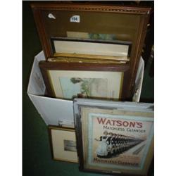 Box of various framed and glazed prints and pictures
