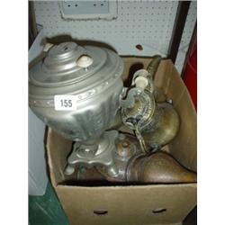 Box of antique brass pots and samovar