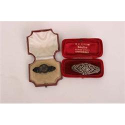 Cased Victorian jet bar brooch plus cased marquisette brooch