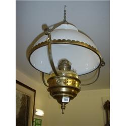 Victorian brass and glass ceiling light with oil reservoir, 17" high