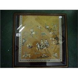 Glazed and framed antique oriental embroidered silk panel of figure on horseback, flowers and insect