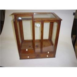 19th century mahogany glazed microscope display cabinet with side doors, lift up front sections, two