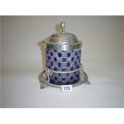 Glass: 19th century cobalt blue and clear cut glass biscuit barrel with silver plated stand and lid