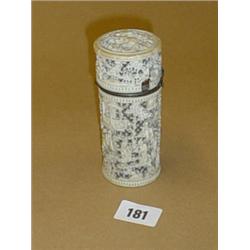 19th century carved ivory lidded pen holder, superb carving, some damage to lid, 6" high