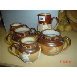 Royal Doulton stoneware hunting pieces, two handled pots marked 1357BW 1357LB with hunting jug 3579H