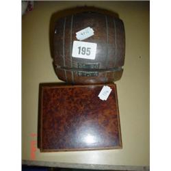 Burr walnut cigarette box plus small oak tobacco barrel