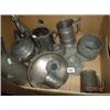 Image 1 : Box of mixed pewter items to include tankards, teapot, bowls etc.