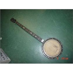 Banjo: Antique cased six string zither banjo with boxwood stringing, inlaid with mother of pearl (in