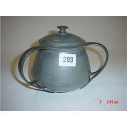 Pewter: Arts and Crafts English hammered lidded three handled pot after Liberty's, 6" high