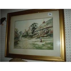 Framed water colour of village scene dated 1907 signed R. H Seddon, 18x21"