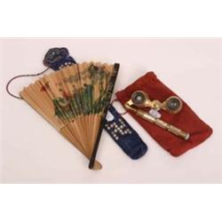 Brass and mother or pearl opera glasses plus decorative cased fan