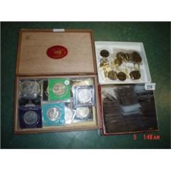 Two boxes coins, crowns and old pennies etc