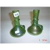 Image 1 : Pair of irredesent green Vaseline glass vases with twisted overlay (one with minor chip) 6.5" high